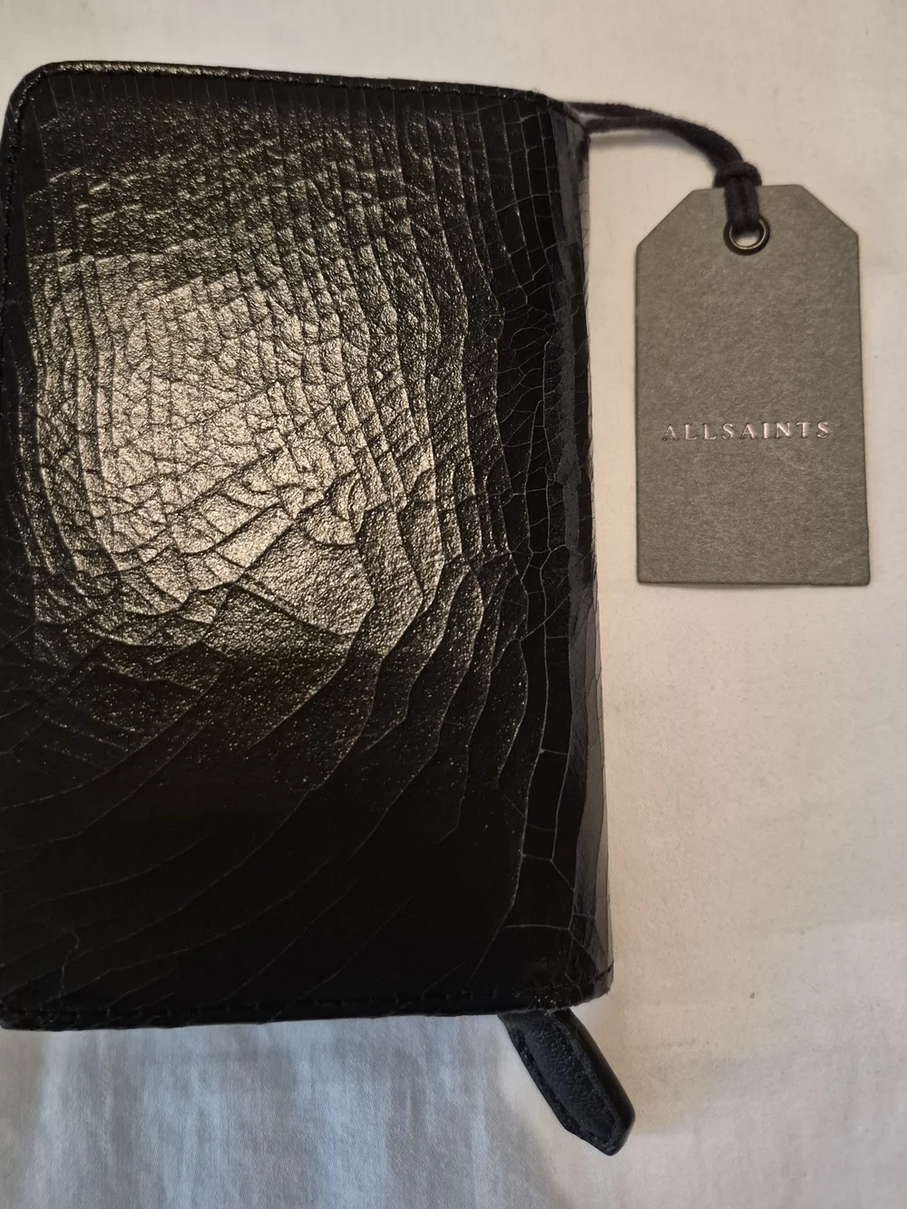 AllSaints THE RIDLEY Black Croc-Texture Zip Around Wallet